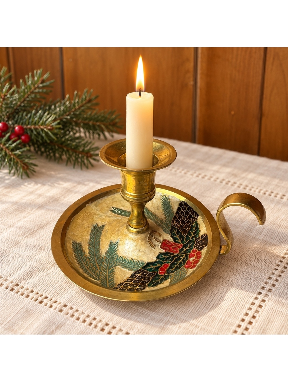 Vintage Brass Christmas Chamberstick Candle Holder Holly Pinecones With Tags